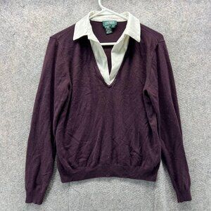 Lauren Ralph Lauren Sweater Womens Large Purple Silk Cashmere Collared V Neck